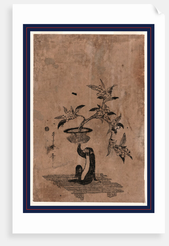 Monkey Sitting on a Bamboo Mat with Right Hand Raised, Holding a Flower Pot Containing a Loquat Plant Laden with Fruit. by Anonymous