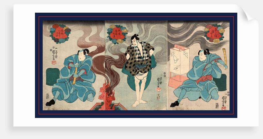 Tamashima itto tenjiku tokubei tsukimoto inabanosuke, Actors in the roles of Tamashima Itto, Tenjuku Tokubei, and Tsukimoto Inabanosuke by Utagawa Kuniyoshi