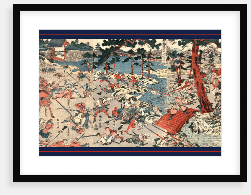 Fight Scene from the Play Igagoe Dochu Sugoroku, with Watanabe Shizuma and Araki Mataemon Fighting with Kawai Matagoro and Many Other Men Armed with Pikes or Halbreds at Iga Ueno. by Anonymous