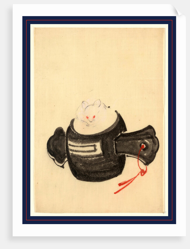 Mouse, Facing Front, Sitting on a Mallet with Red Ribbon Through a Hole in the Handle. by Anonymous