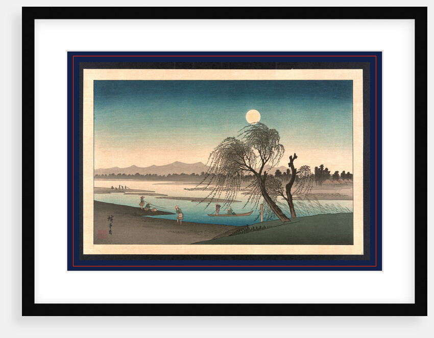 Moonlight Scene Along a River with People Fishing, in Boats, and Walking Along the Shore. by Anonymous