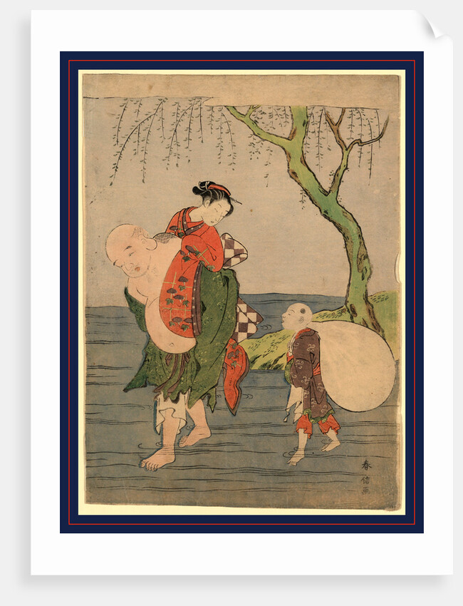 Hotei, One of the Seven Lucky Buddhist Gods, Carrying a Young Woman Across a River by Anonymous