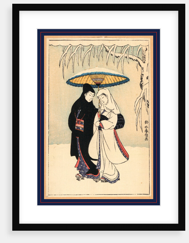 Secchu aiaigasa, Couple under umbrella in the snow (crow and heron) by Suzuki Harunobu