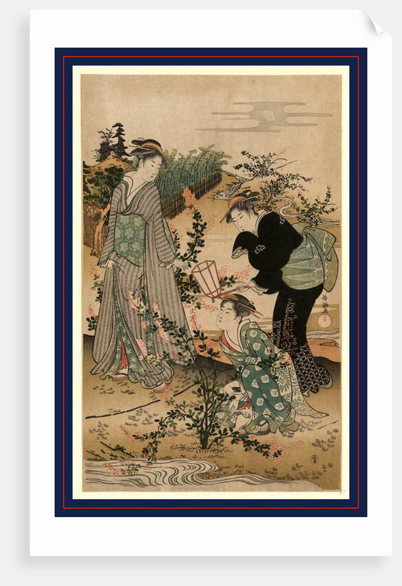 Three Women, One Holding a Lantern, Looking at Bushclover on the Banks of the Tama River by Anonymous