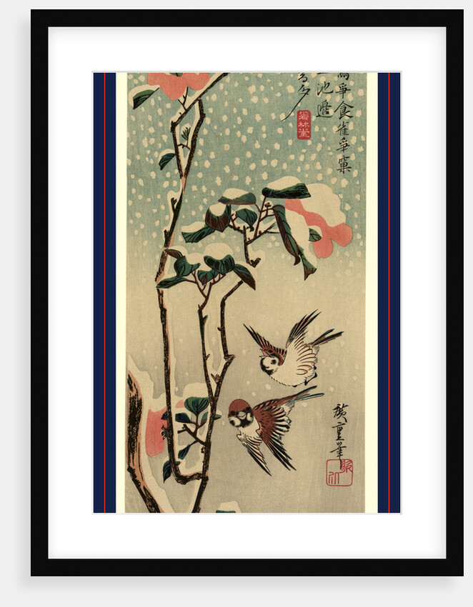 Two Sparrows Near a Camellia Branch Covered with Snow by Anonymous