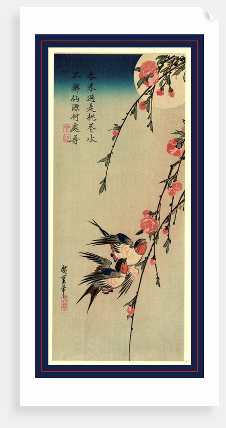 Gekka momo ni tsubakura, Moon, swallows, and peach blossoms by Ando Hiroshige