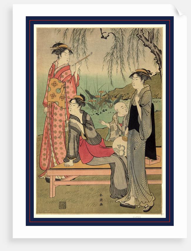 Three Women and a Child, Standing Next to and Sitting on a Bench Beneath a Willow Tree at the Edge of a Pond by Anonymous