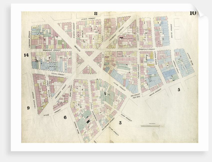 Map bounded by Chatham Street, James Street, South Street, Dover Street, Franklin Square, Frankfort Street, Fose Street, Duane Street. 1857 by Anonymous