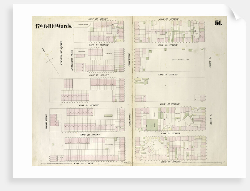 Map bounded by East 15th Street, Livingston Place, East 17th Street, Aveneu A East 12th Streeet, Second Avenue. 1852, 1854 by Anonymous