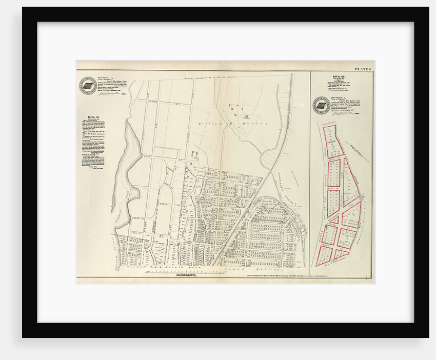 Map No. 141 Bounded by James Street, Wm. Morris Farm, Rail Road Avenue, Prospect Street, Juliet Street, Gerard Street, Henry Street and River Avenue.- Map No. 286 {Bounded by James WElls Land, Mill Brook, Henry Street and Morse Avenue, New York by Anonymous
