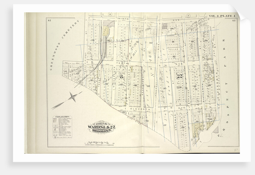 Map bound by Ninth Ave., Prospect Park, City Line, Greenwood Cemetery; Including Howard Pl., Fuller Pl., Tenth Ave., Eleventh Ave., Twenty-Second St., Twenty-First St., Nineteenth St., Eighteenth St., Seventeenth St., Prospect Ave., Sh., New York by Anonymous
