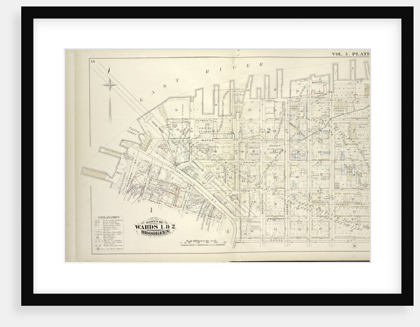 Map bound by East River, Bridge St., Sands St., Poplar St; Including Marshall St., John St., PLymouth St., Water St., Front St., Fulton St., Doughty St., Vine St., York St., Franklin Pl., Talman St., Prospect St., Furman St., Columbia., New York by Anonymous