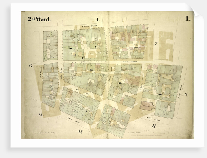 Map bounded by William Street, Beekman Street, Gold Street, Ferry Street, Cliff Street, Pearl Street, Platt Street; Including Riders Alley, Cliff Street, John Street, Fulton Street, New York by Anonymous