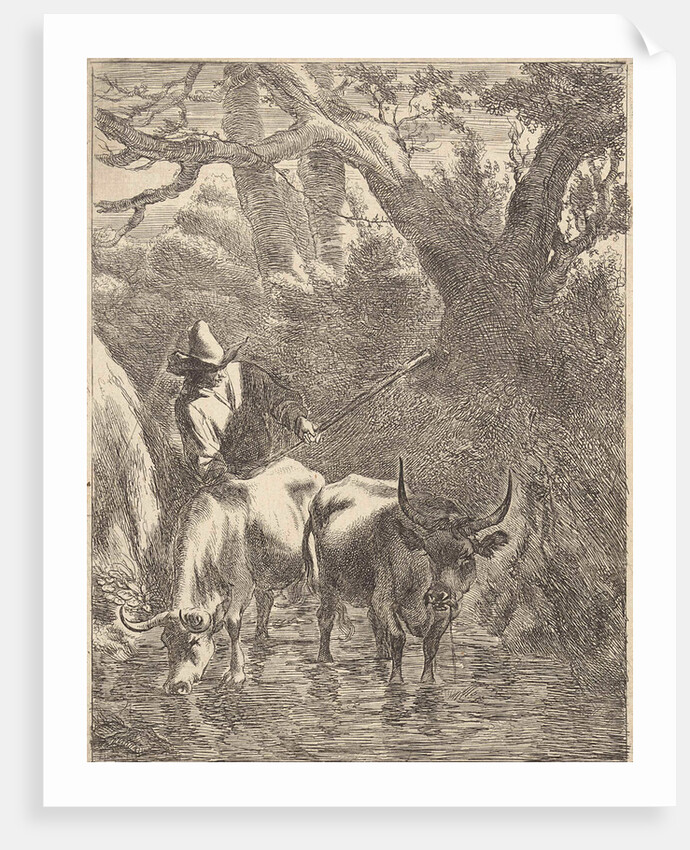 Shepherd drives two oxen by a stream by Nicolaes Pietersz. Berchem