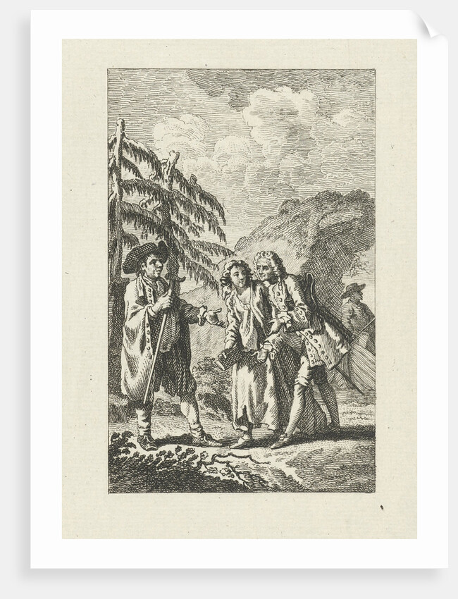 Meeting between a man and a couple in the outdoors, the man holds a stick and gestures with his hand towards the couple by Jacob Folkema