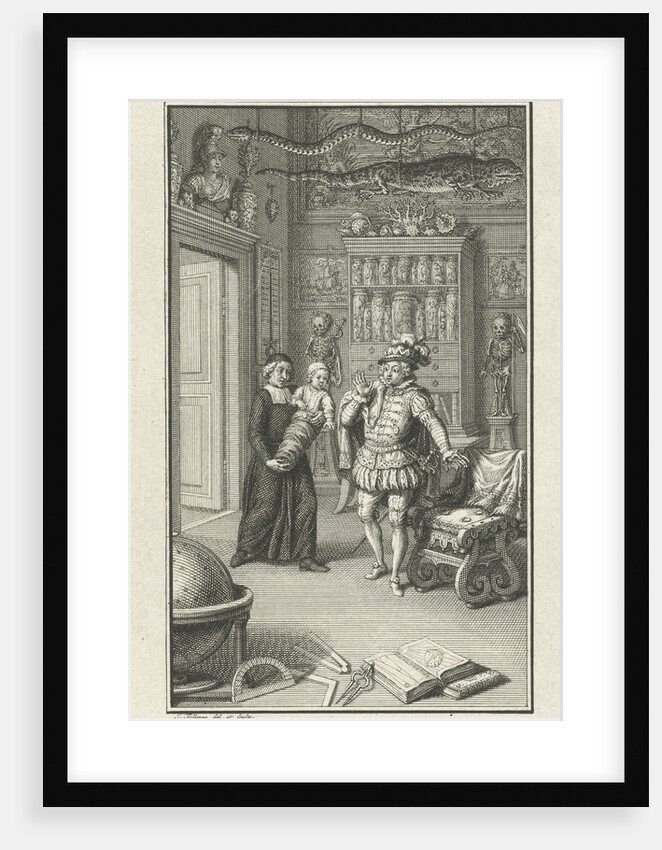 A nobleman and a cleric with a child in a cabinet of curiosities by Jacob Folkema