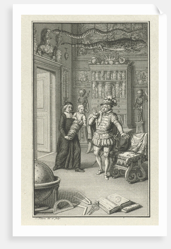 A nobleman and a cleric with a child in a cabinet of curiosities by Jacob Folkema