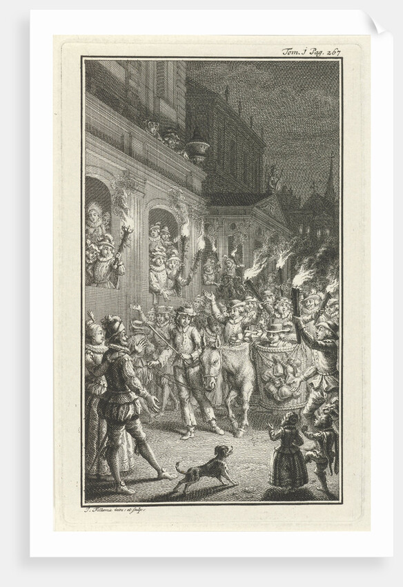 Torchlight procession through a city by Jacob Folkema