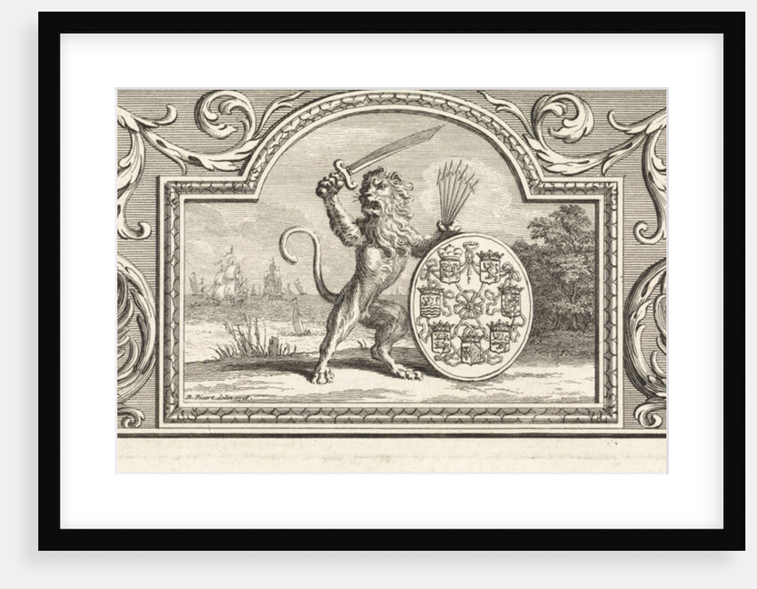 The Dutch lion holding a sword and quiver of arrows near a shield bearing the arms of the Seven Provinces by Workshop of Bernard Picart