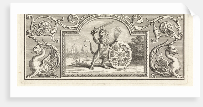 The Dutch lion holding a sword and quiver of arrows near a shield bearing the arms of the Seven Provinces by Workshop of Bernard Picart
