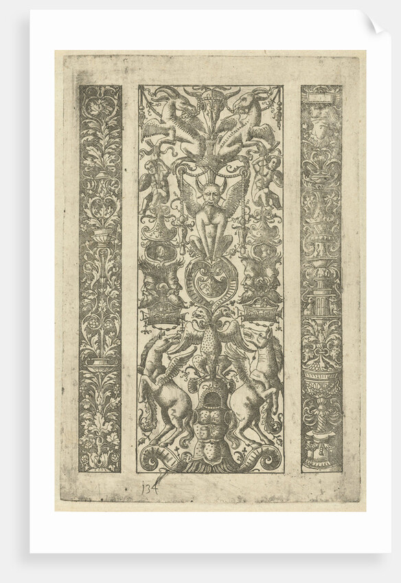 Candelabrum with vines, a candelabrum with grotesques, a rearing horse by Lambert Hopfer