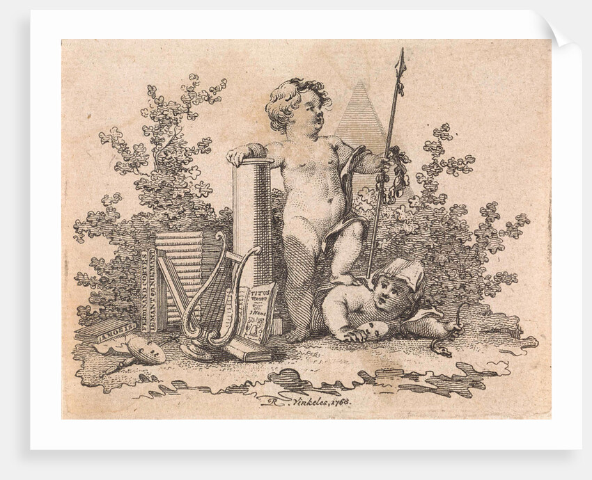 Two putti with allegorical attributes by Reinier Vinkeles
