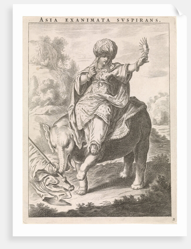 Female personification of Asia represented as a woman with turban sitting on an elephant by Cornelis van Dalen II