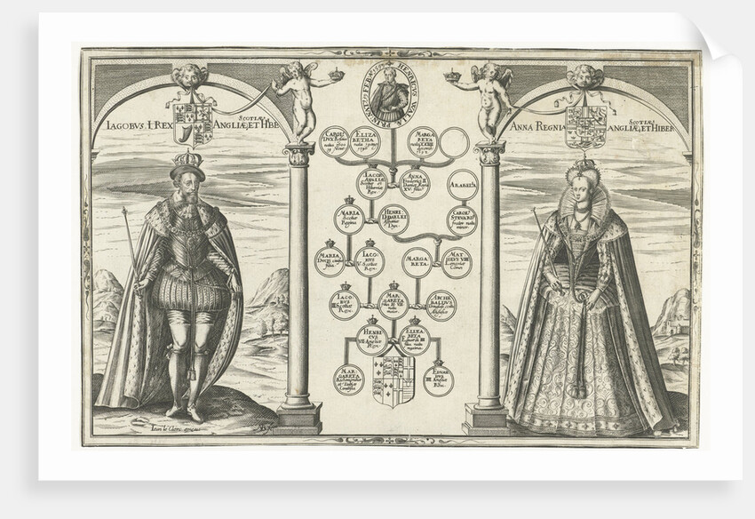 Portraits of James I, King of England and his wife Anne of Denmark standing on either side of genealogical tree by Jean le Clerc