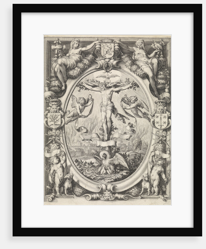 Blazon of the Chamber of Rhetoric The Pellicaen Haarlem, with the crucifixion in allegorical frame by Hendrick Goltzius