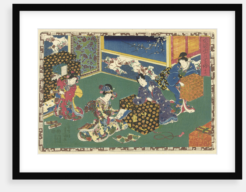 Prince Genji leaning over a low cabinet and looking at a woman with an album in her hands by Watanabe Shoemon