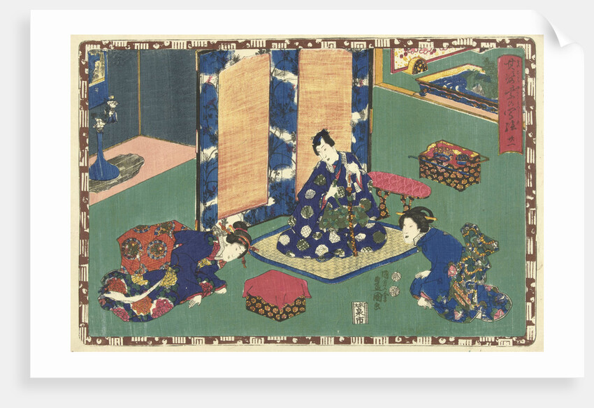 Prince Genji sitting on a rug in a room by Watanabe Shoemon