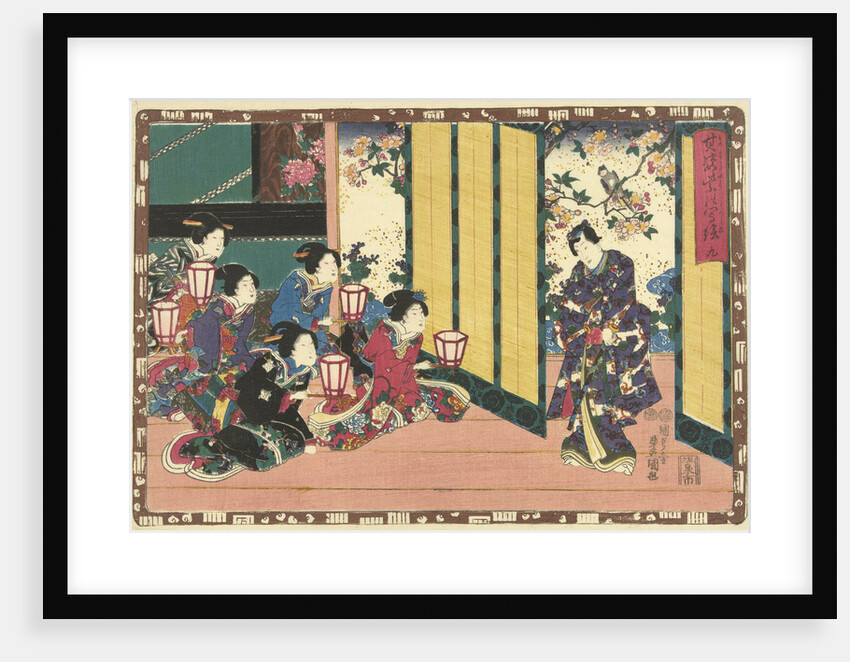 Five women sitting with hand lanterns, watching Prince Genji against a background of a flowering tree and a bird by Magome Kageyu