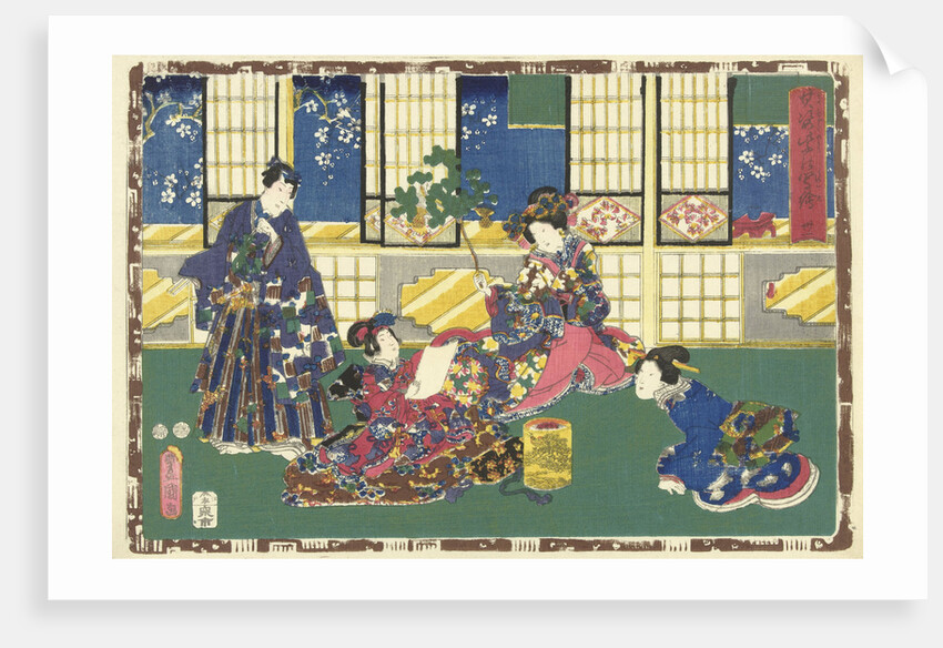 Prince Genji, an elegantly dressed woman and a maid by Murata Heiemon