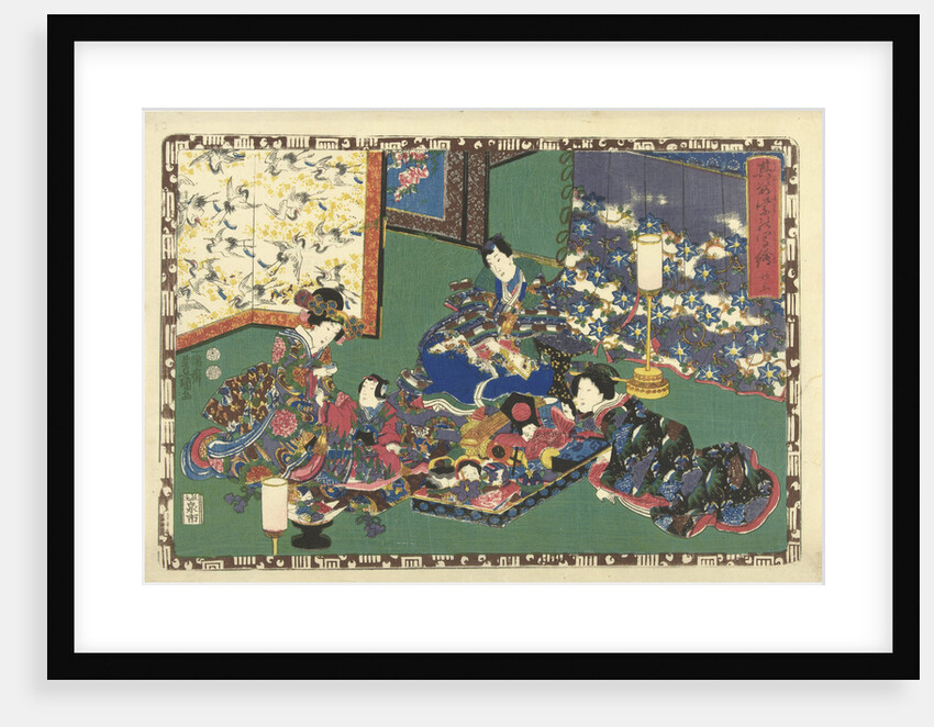 Prince Genji, two women and a girl sitting around large container with toys; in room with folding screen which cranes by Watanabe Shoemon