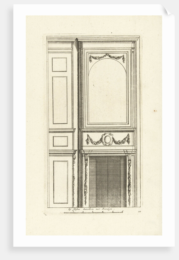 The tablet of the high chimney breast is supported by Ionic pilasters by Justus Danckerts