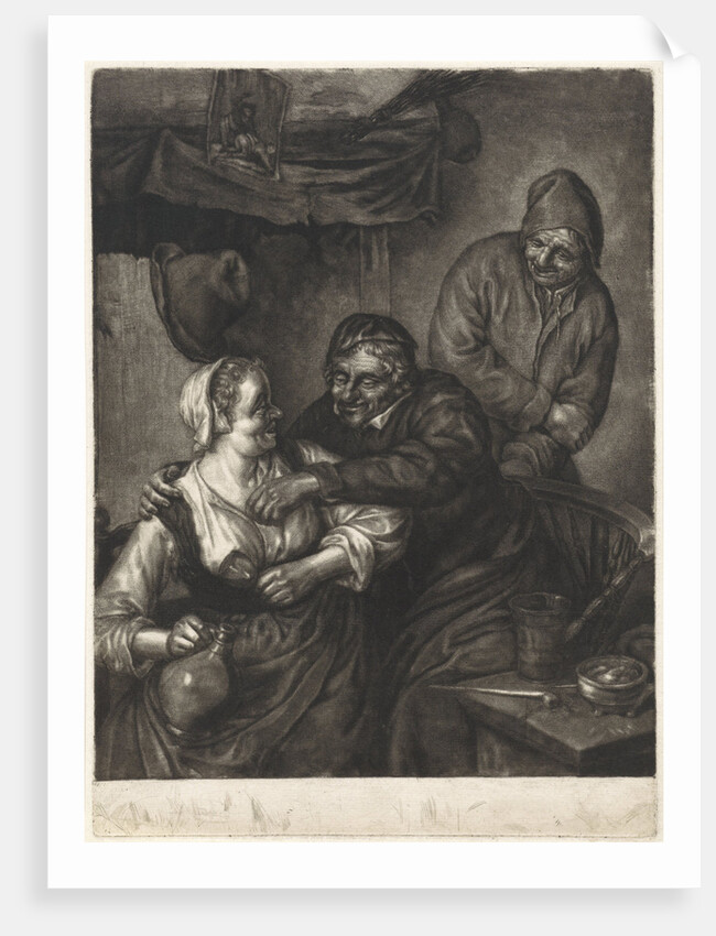 Tavern scene with three figures with a fireplace by Adriaen van Ostade