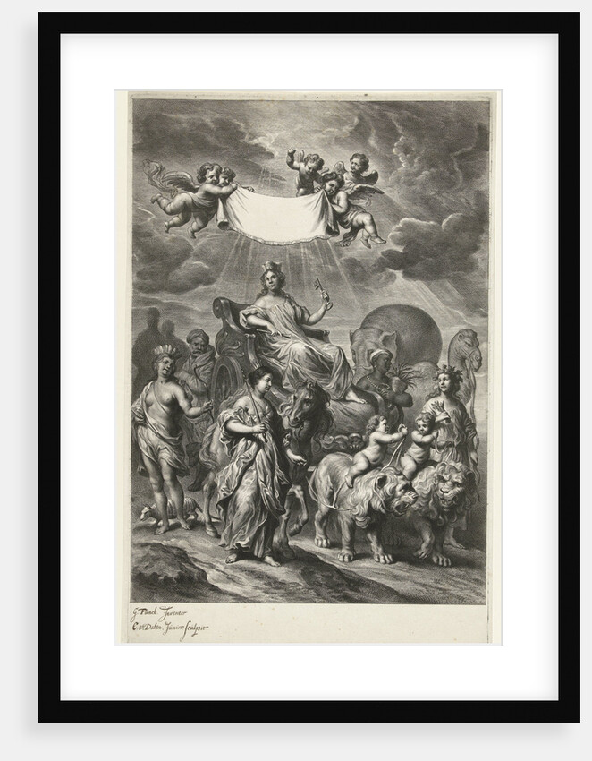 Female personification of Geography on chariot and continents America, Africa, Asia and Europe by Cornelis van Dalen II