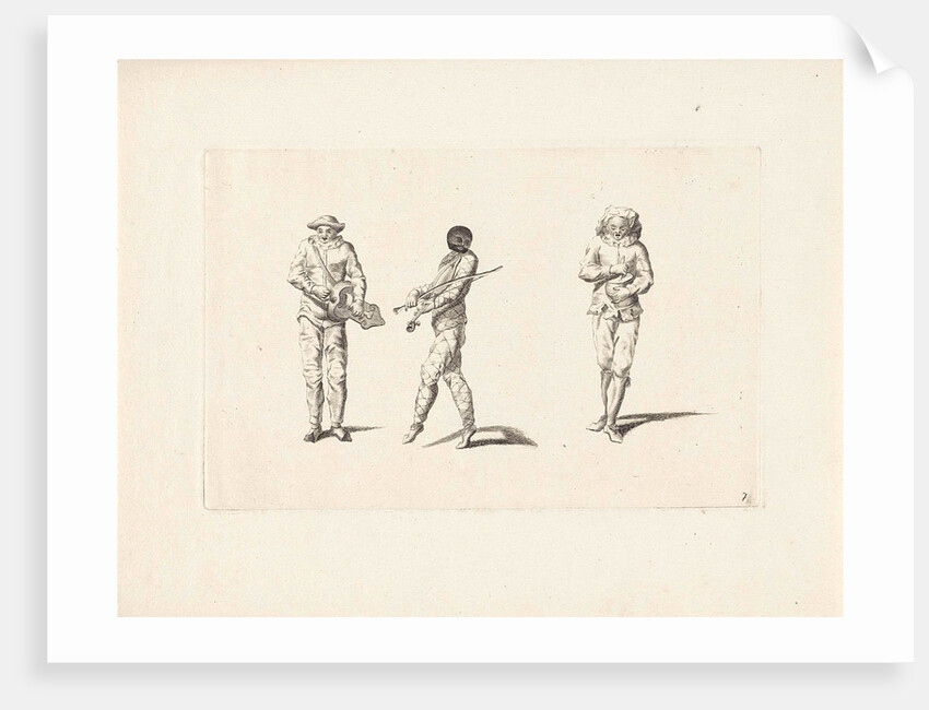 Harlequin and two jesters making music by Pieter Schenk I