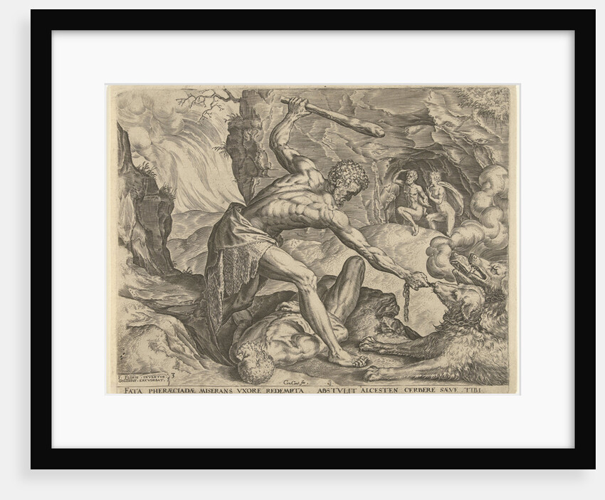 Hercules drags Cerberus from Hell by Julius Goltzius Cornelis Cort