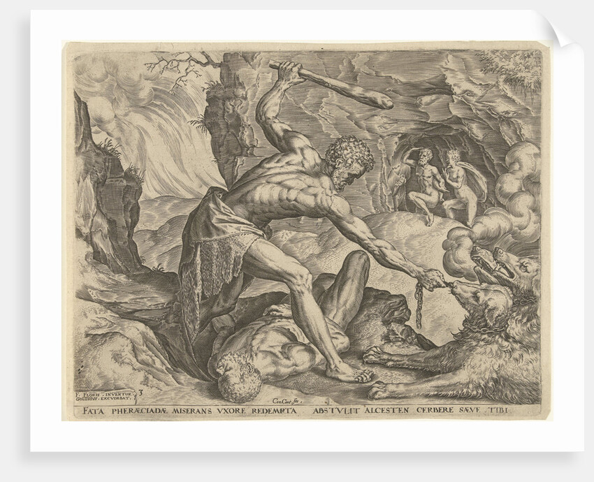 Hercules drags Cerberus from Hell by Julius Goltzius Cornelis Cort