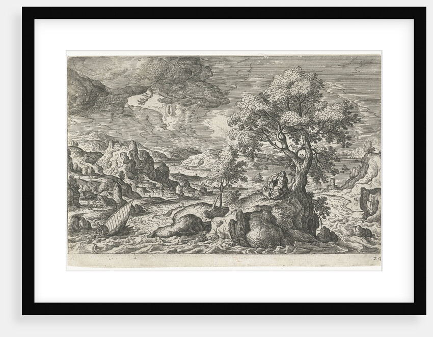 A hermit who in the company of a bird lives on a small island, has a vision by Hans Bol