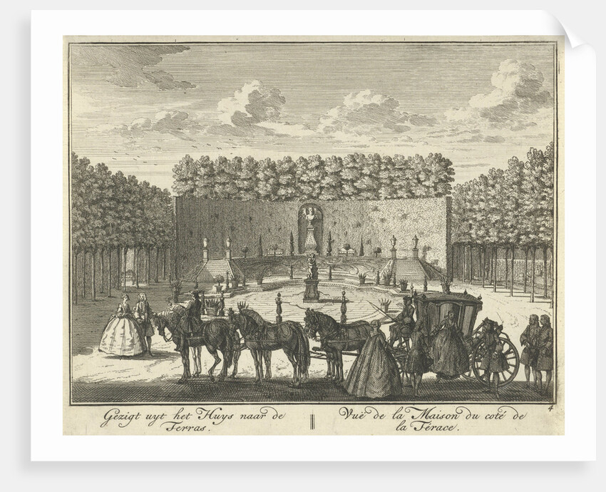 View of the terrace in the French garden of House ter Meer in Maarssen, in the foreground stands a carriage drawn by six horses by Hendrik de Leth