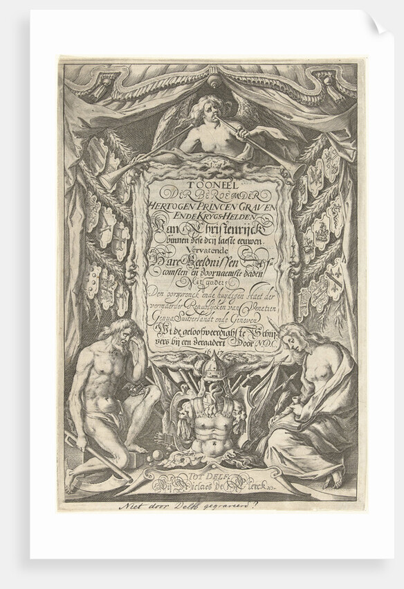 Cartouche with title and the allegorical figures Father Time and History by Nicolaes de Clerck