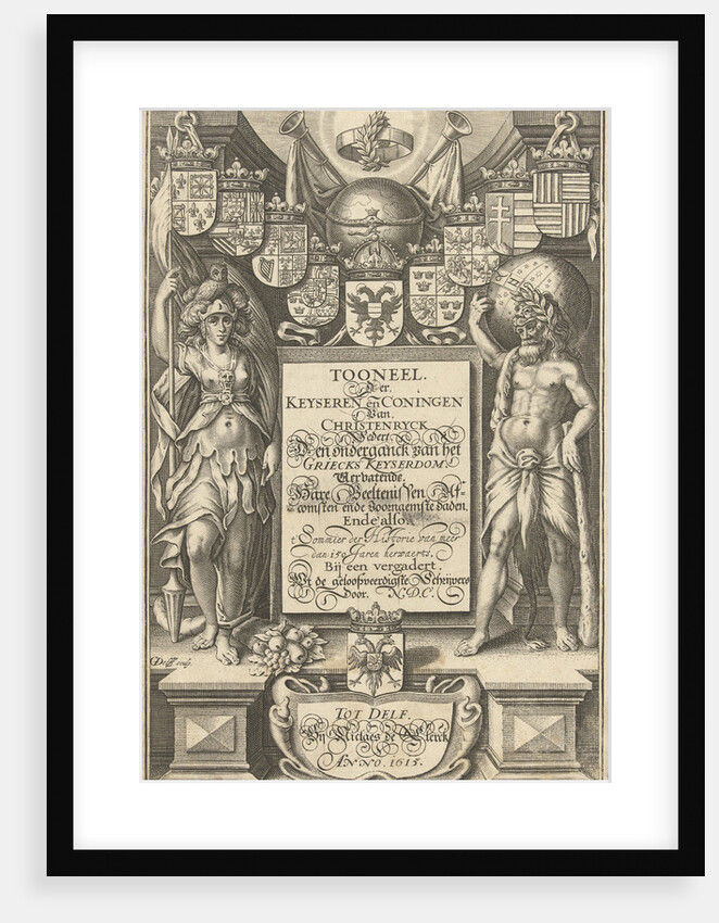 Cartouche with title, flanked by Hercules with celestial globe and Minerva by Willem Jacobsz. Delff