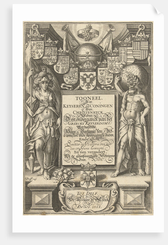 Cartouche with title, flanked by Hercules with celestial globe and Minerva by Willem Jacobsz. Delff