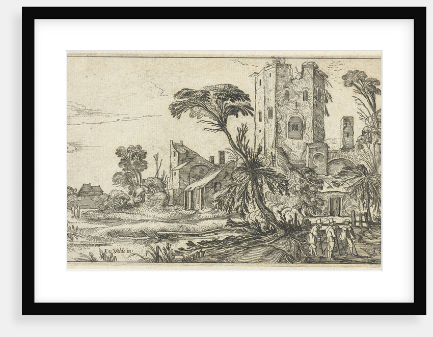Three men on a path along a crumbling tower by Visscher II