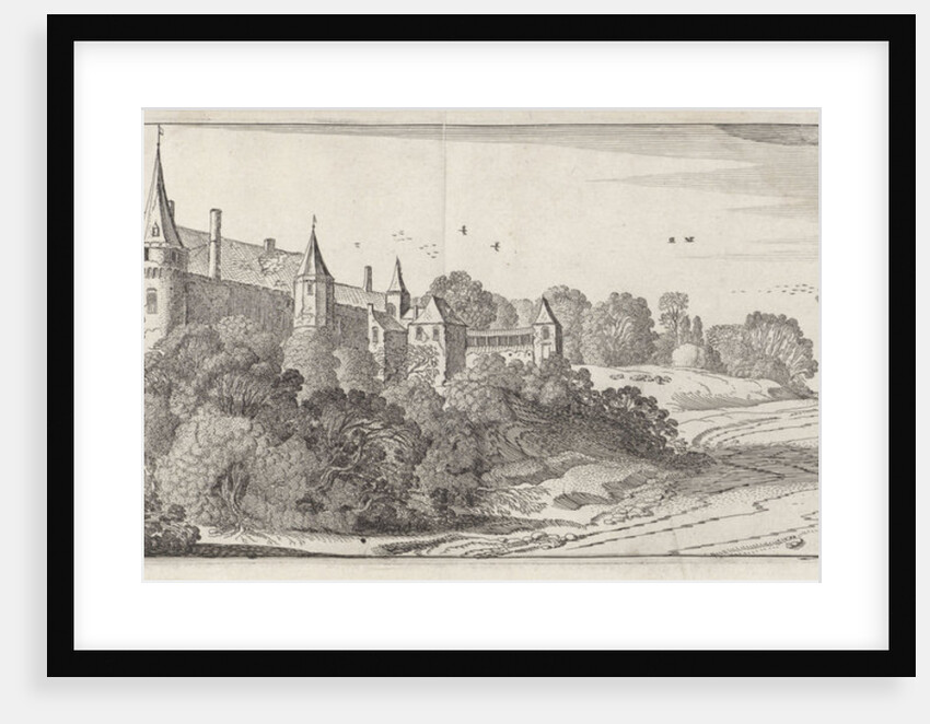 Four elegantly dressed men on a path to a castle by Jan van de Velde II