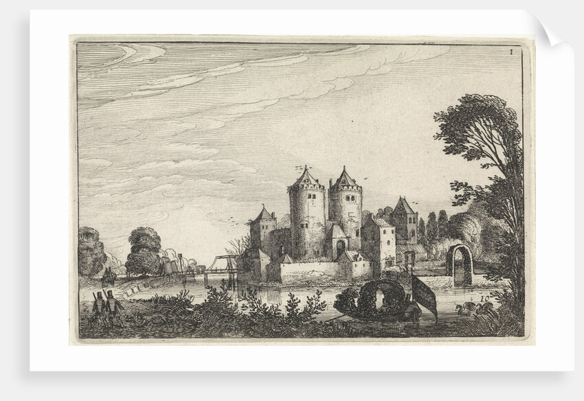 Figures in a canoe in a castle by Jan van de Velde II