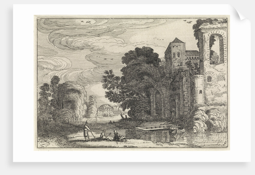 Three figures on a bank of a river near a castle by Jan van de Velde II