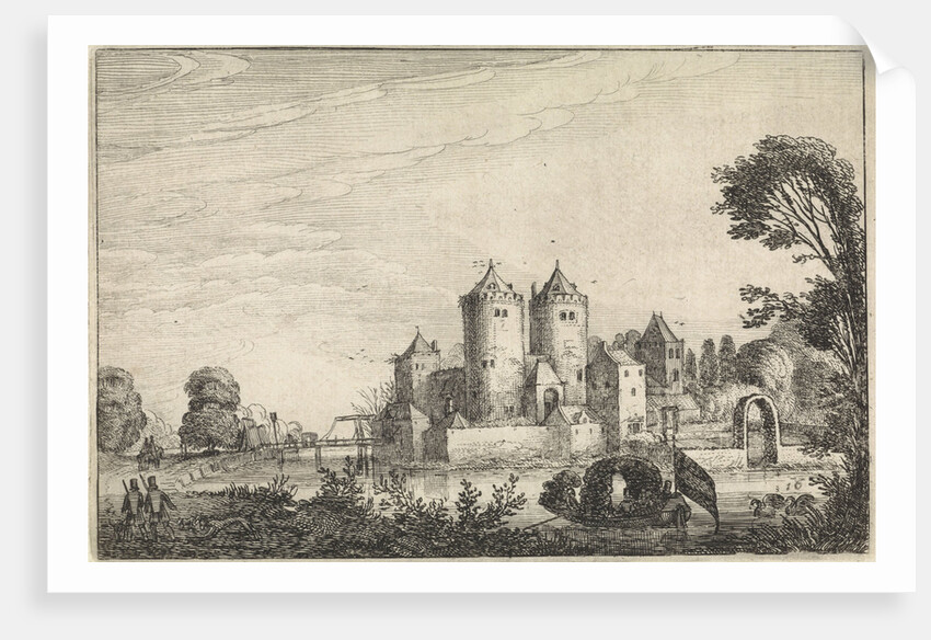 Figures in a canoe in a castle by Jan van de Velde II